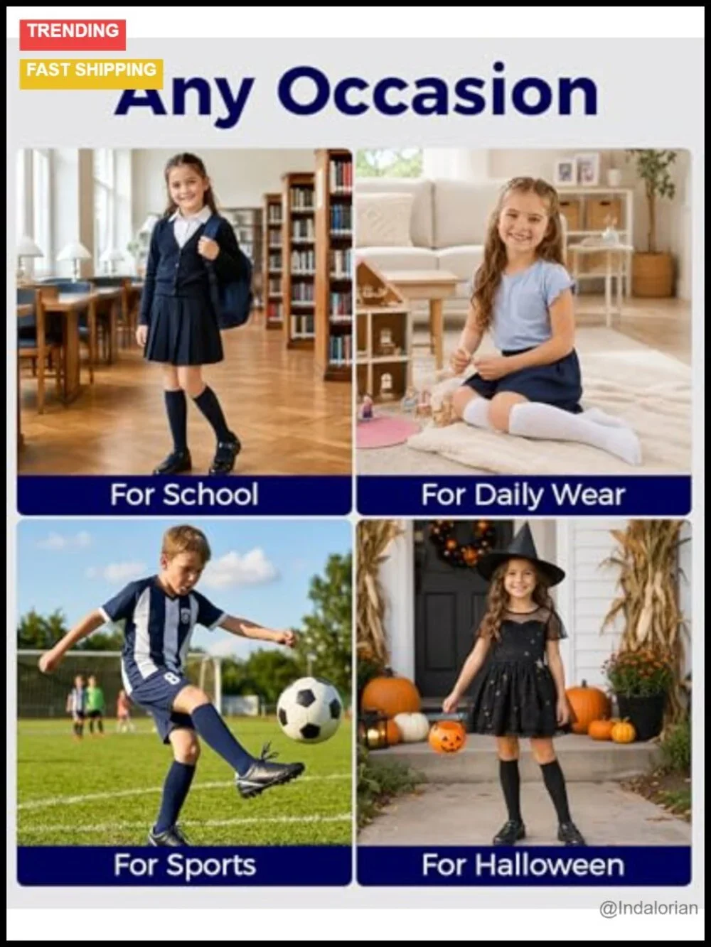 Girls Knee High Socks 4 Pairs Seamless Toe Cotton Uniform Socks